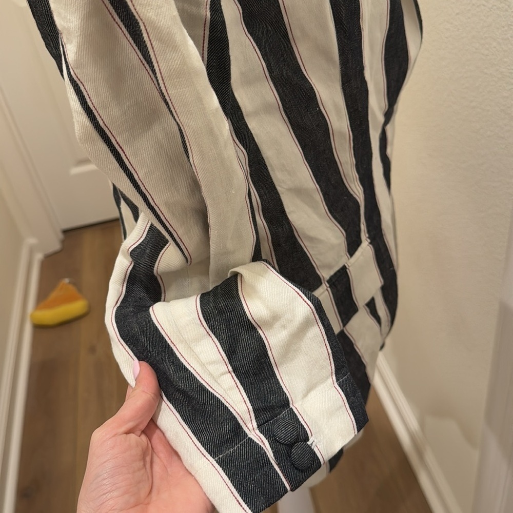 FRAME Bold Stripe Navy White Linen Blazer Sz 4 - Picture 13 of 16